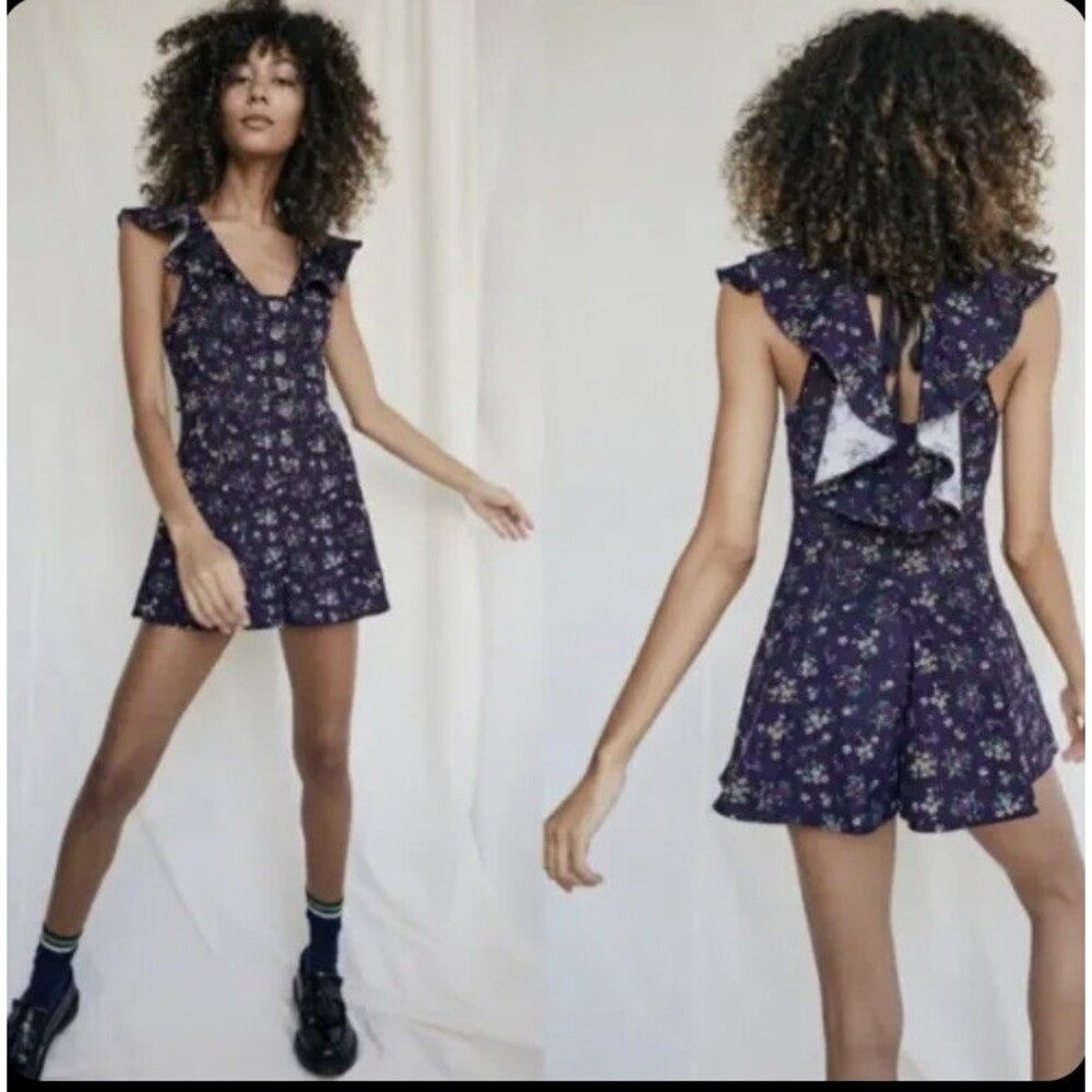 Free People Violet Visions Corduroy Purple Floral Ruffle Romper Women's Size XS